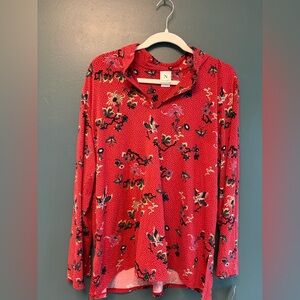 Natori Red Quiet Luxury Geometric Floral Print Relaxed Fit Blouse size XL NWT